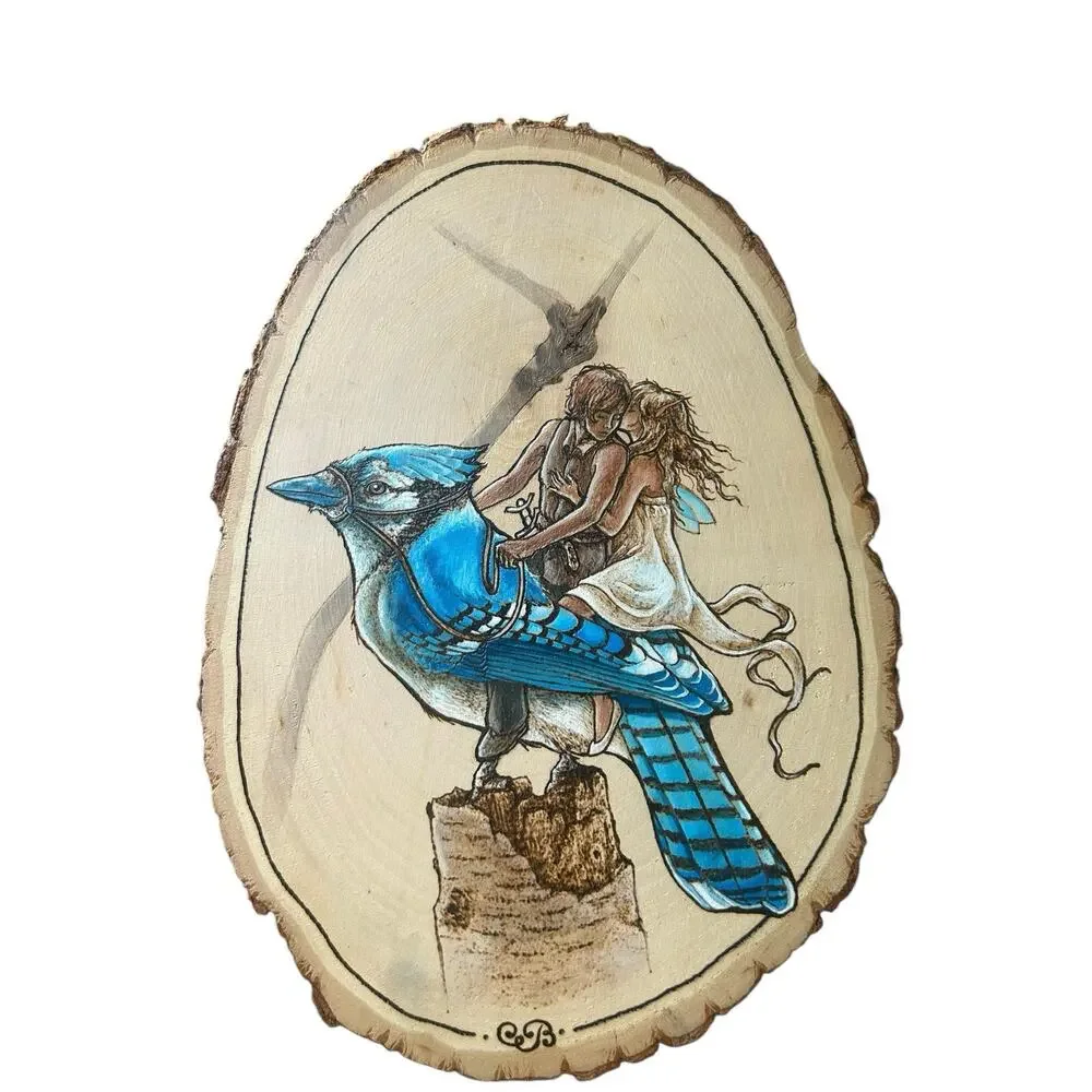 Hand painted love blue bird Wood‎ Burning Plaque Live Edge Basswood Oval Roels